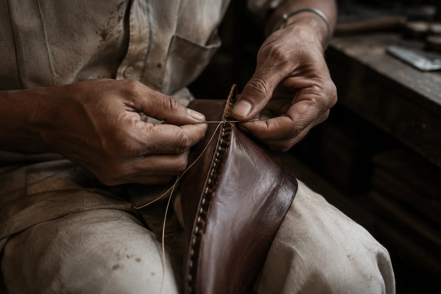 Craftsman guiding a leather shoe under a vintage sewing machine