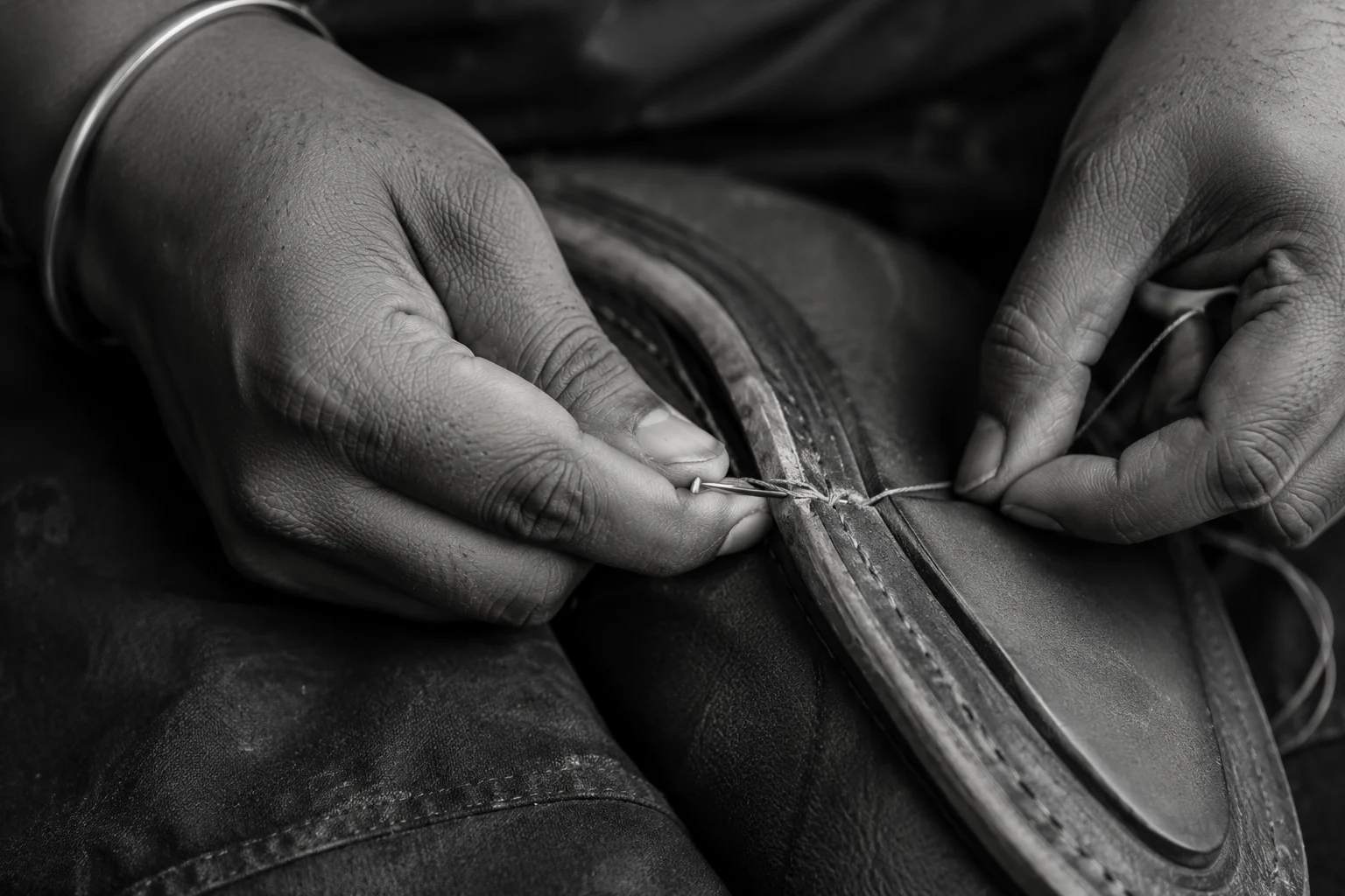 Hands hand-stitching the welt of a leather shoe