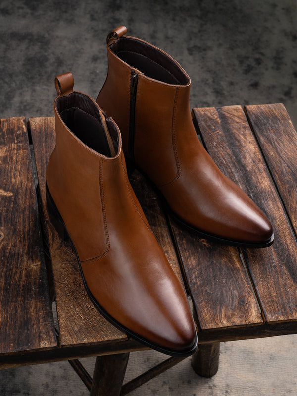 Tan Burnished Cuban Heel Zipper Boot