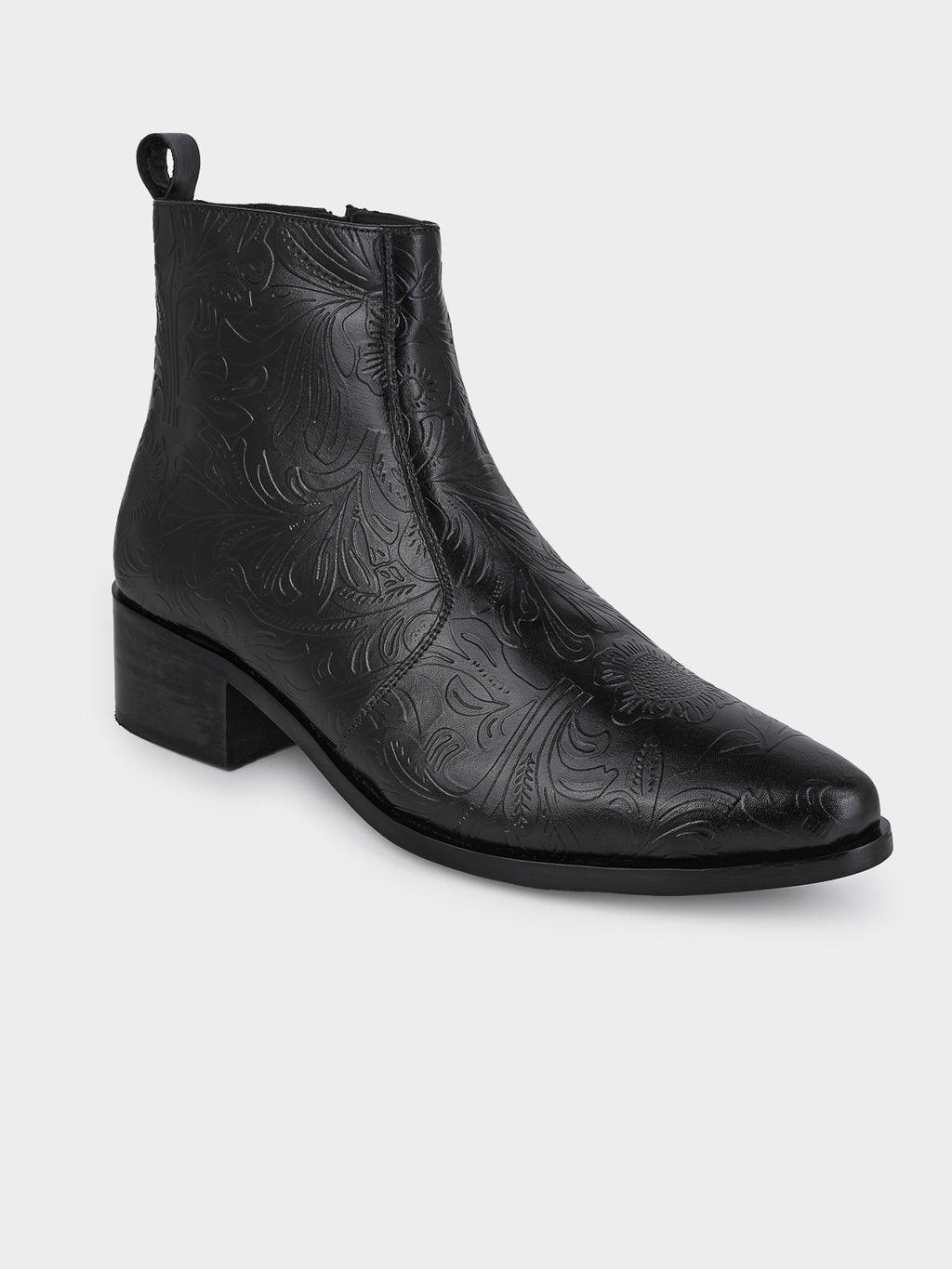 Hand-Printed Cuban Heel Zipper Boot | Noir Floral Edition