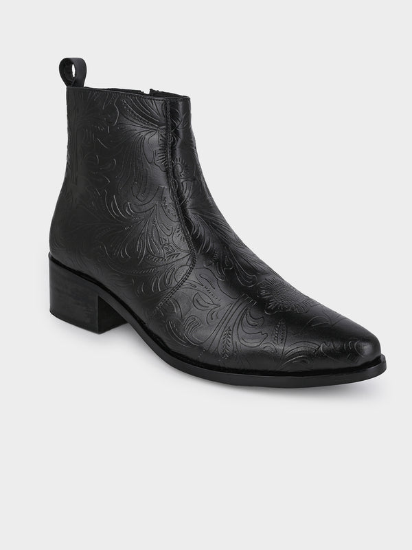 Hand-Printed Cuban Heel Zipper Boot | Noir Floral Edition