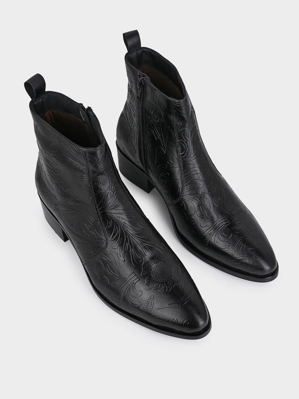 Hand-Printed Cuban Heel Zipper Boot | Noir Floral Edition