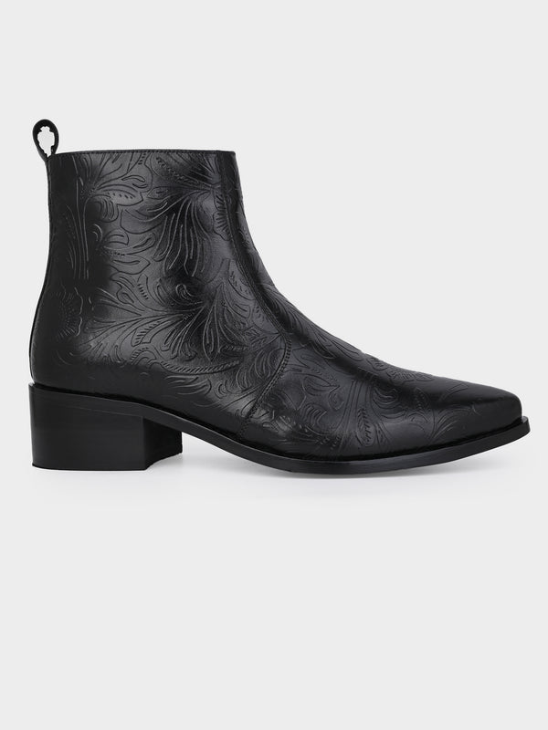 Hand-Printed Cuban Heel Zipper Boot | Noir Floral Edition