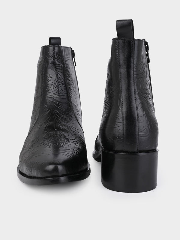 Hand-Printed Cuban Heel Zipper Boot | Noir Floral Edition