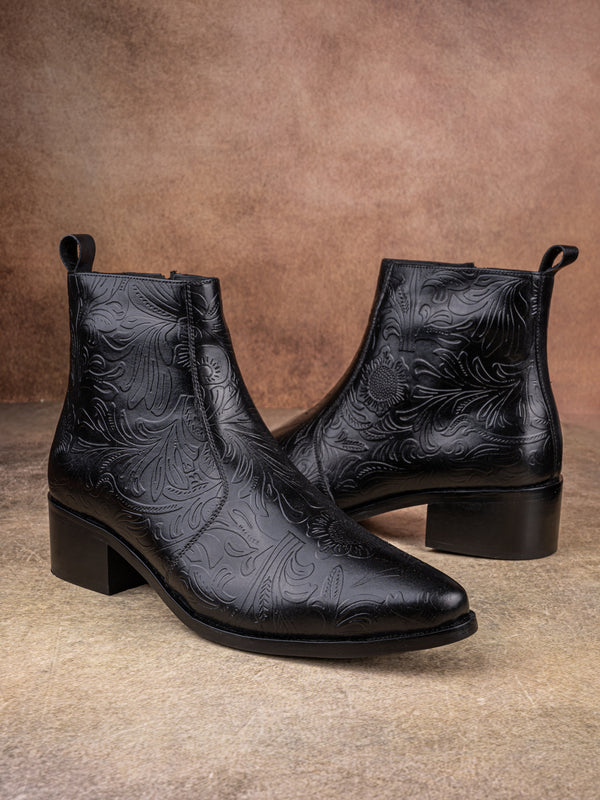 Hand-Printed Cuban Heel Zipper Boot | Noir Floral Edition