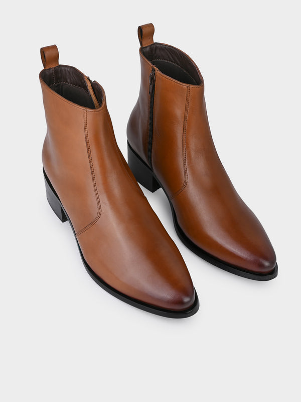 Tan Burnished Cuban Heel Zipper Boot