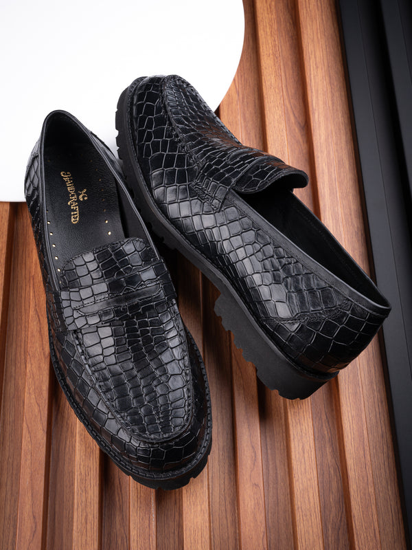 Blanco Black Reptile Penny Moccasins