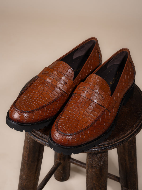 Tan Reptile Penny Moccasins