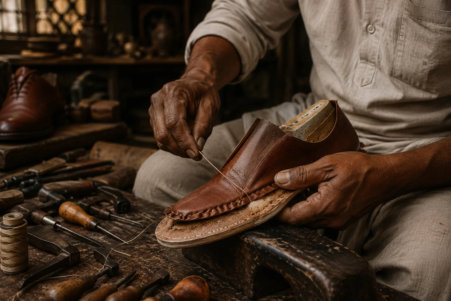 Close-up of a black leather shoe with tan leather sole and stitching
