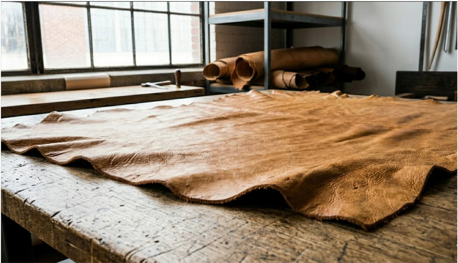 A large piece of brown leather laid out on a wooden workbench