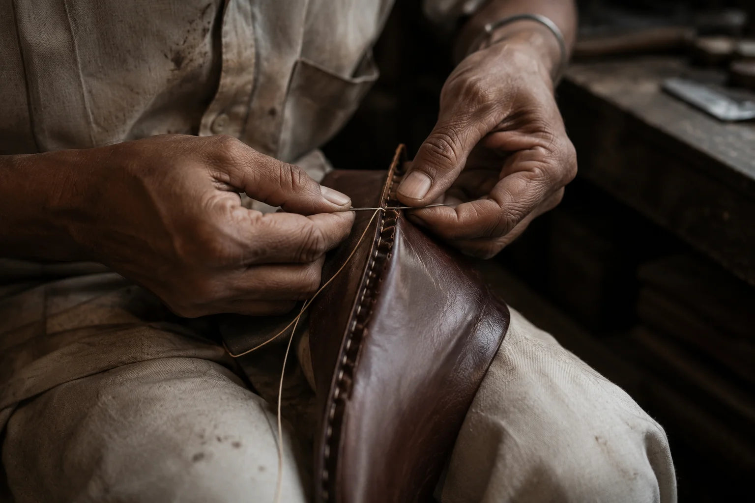 Craftsman guiding a leather shoe under a vintage sewing machine