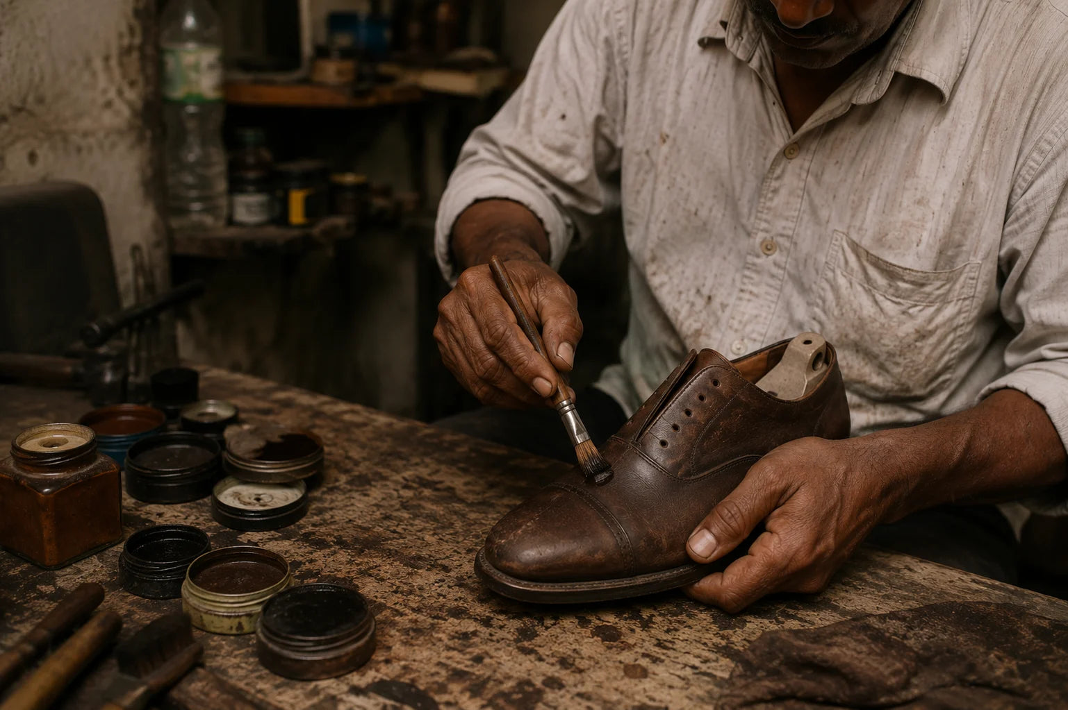 A craftsman polishing a black leather shoe with a cloth